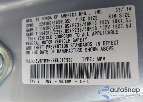 2014 Acura Rdx из США, поврежденный, VIN 5J8TB3H59EL017587